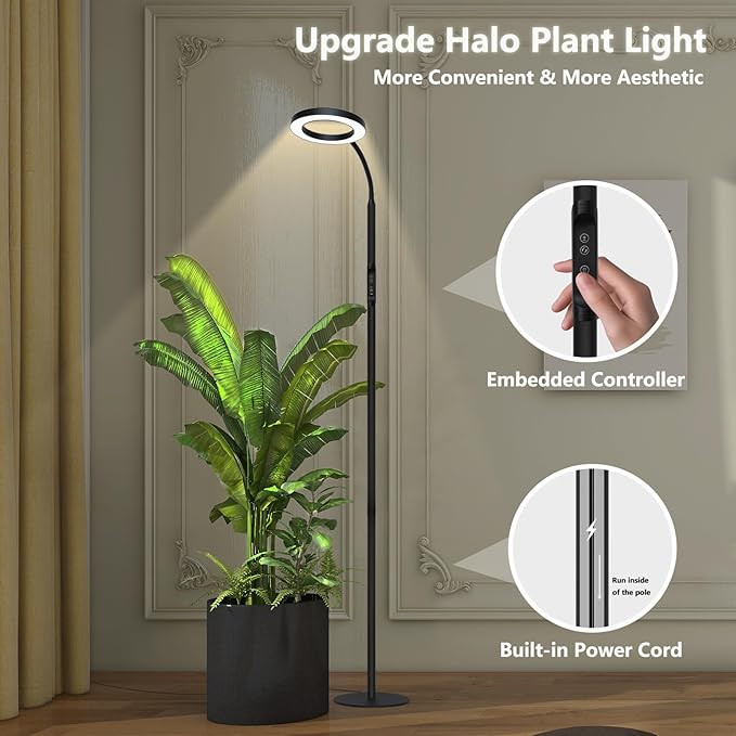 Grow Light for Indoor Plants Full Spectrum Led Plant Growing Lights with Stand Tall Halo Floor Growth Lamp with Timer Height Adjustable Dimmable Brightness for Large Plants