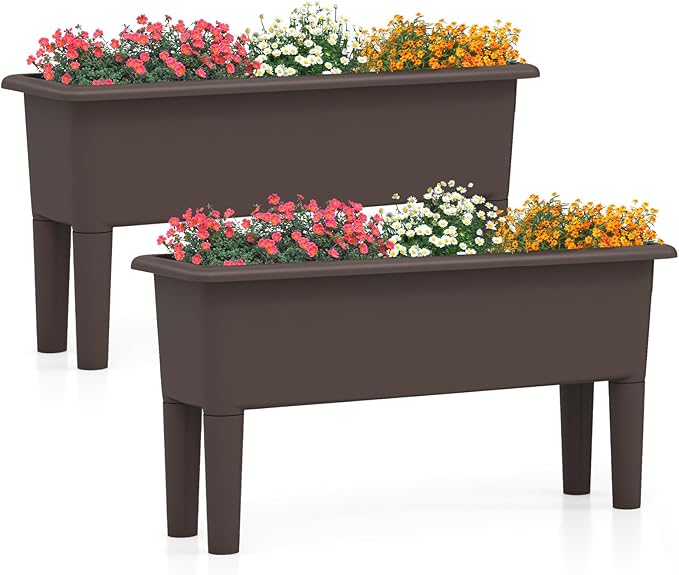 MAT EXPERT Raised Garden Bed Set of 2 Outdoor Planter Bed with Removable Legs &amp Drainage Holes for Herbs Flowers Fruit Planter Box for Patio Garden Backyard &amp Patio (Coffee)