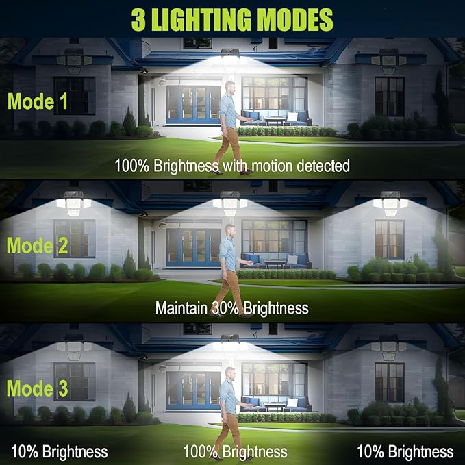 3000LM Solar Lights Outdoor with Motion Sensor4 Head 270° Wide Angle Street Area LightsIP65 Waterproof Security Lighting with 3 Modes(Remote2 Pcs)
