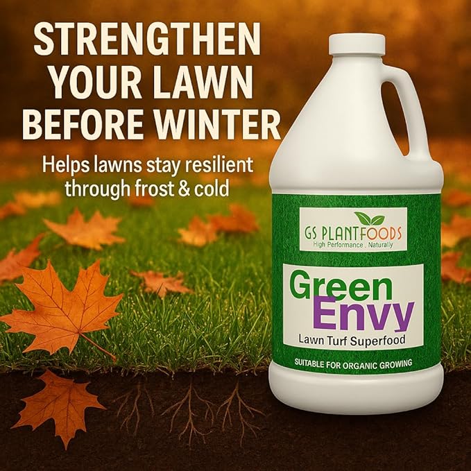 GS Plant Foods Green Envy Liquid Lawn Food – Fall &amp Winter Lawn Prep Fertilizer for Strong Roots and Resilient Grass Suitable for Organic Growing (1 Gallon)