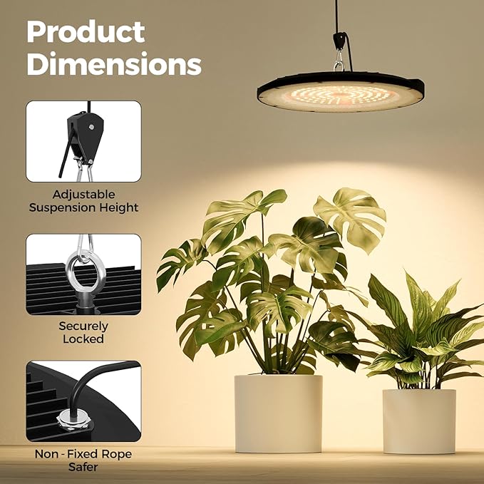 Bamworld Hanging Grow Light for Indoor Plants Full Spectrum 10 Dimmable Levels LED Grow Light Height Adjustable Long Cord Timer Garden Greenhouse Flowers Large Tall Plant Black