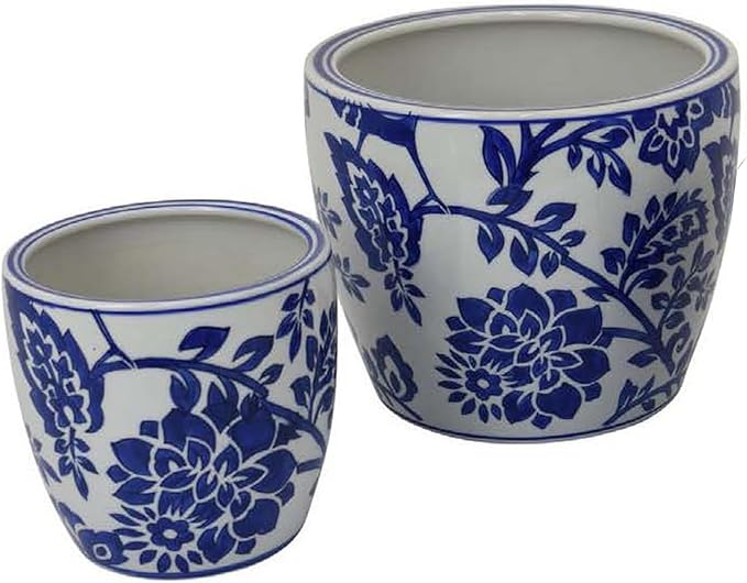Garden Planter Set of 3 Ceramic Japanese White Blue Floral Pattern