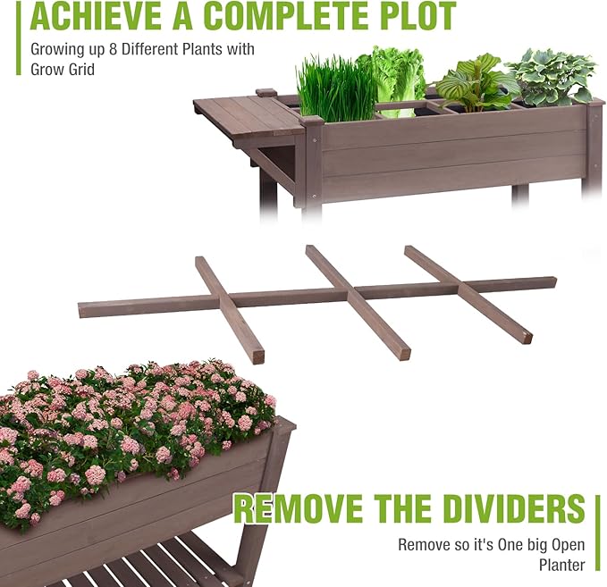 GUTINNEENRaised Garden Bed with 8-Zone Planting Grid - Wooden Elevated Planter Box Locking Wheels &amp Side Workbench for Outdoor Plants Herbs and Flowers
