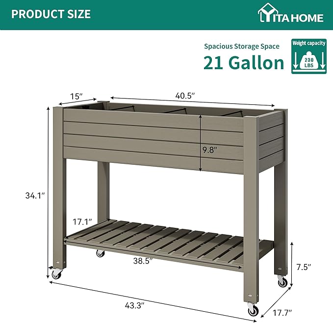 YITAHOME 3.6x1.5x2.8 FT Elevated Garden Bed Kit with Legs and Wheels Outdoor Large Resin Planter Box Stand with Drain Plug and Storage Shelf for Plants Vegetables Fruits Light Brown