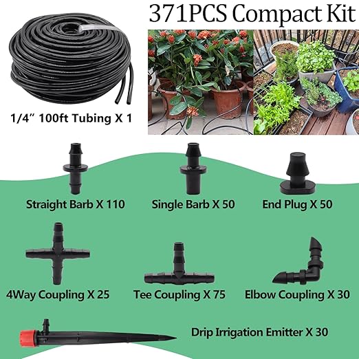 100FT 1/4 Drip Irrigation System Kit Automatic Watering System DIY Automatic Irrigation Equipment Set for Greenhouse Garden Yard Lawn