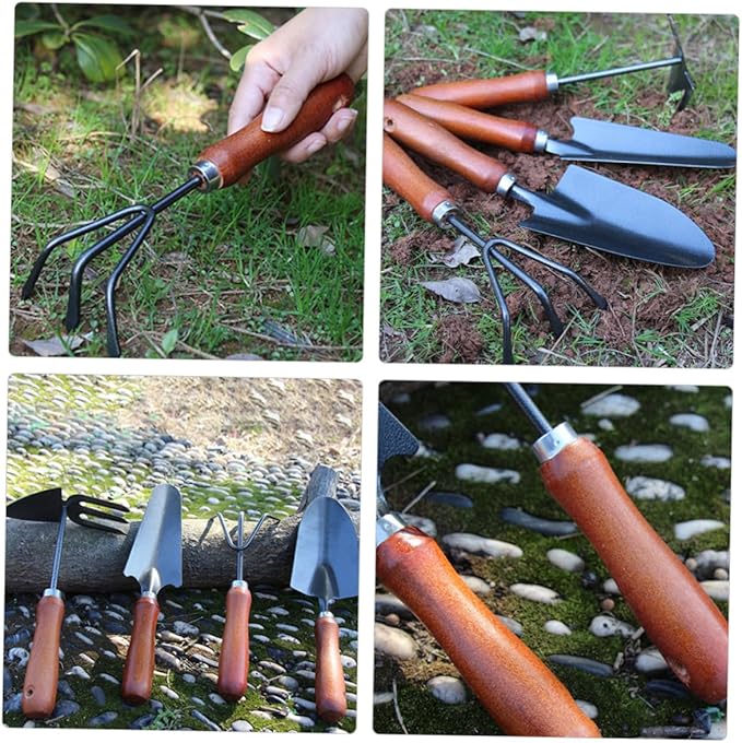 Garden Tool Set 4pcs Mini Metal Shovel and Trowel with Narrow Spade Three-Prong Rake Dual-use Hoe for Digging Planting and Potting in Outdoor Gardening