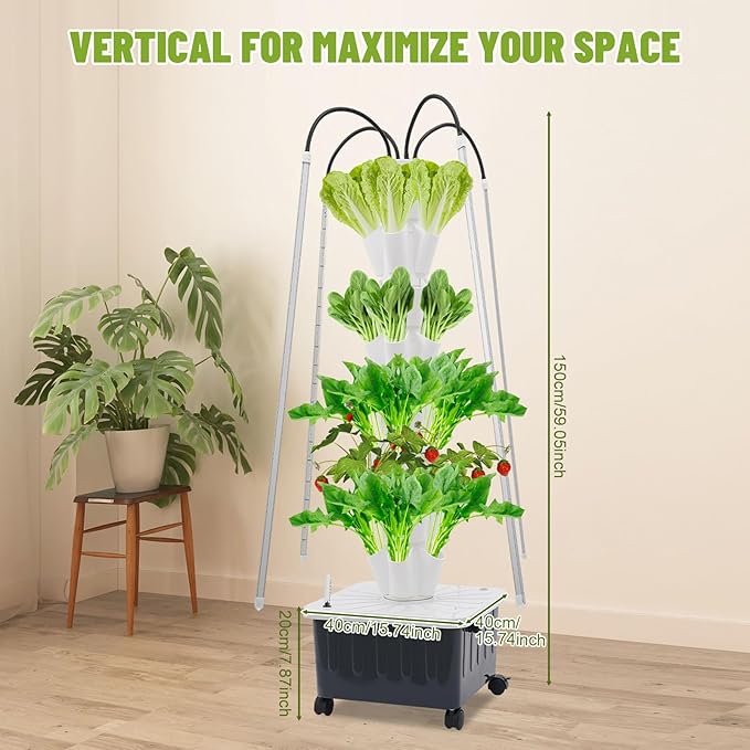 8 Tiers 40-Plant Hydroponic Growing Tower with LED Grow Light Indoor Garden Planter with Wheels &amp Timed Plug Vertical Smart Herb Garden for Fruits Vegetables Herbs