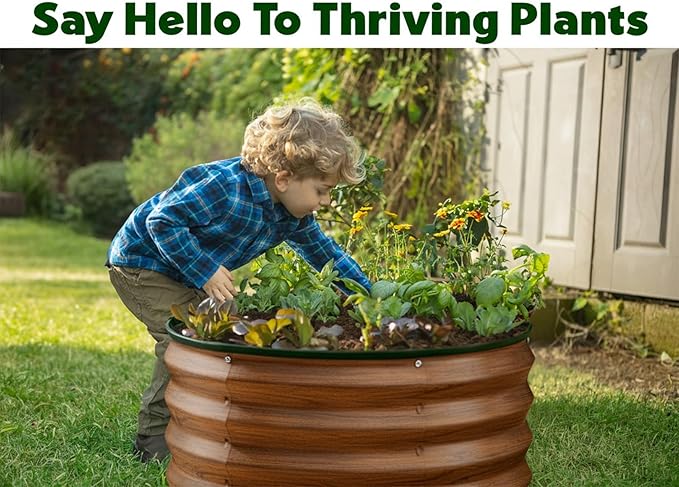 Round Galvanized Raised Garden Bed // 2×2×1 ft (3-Pack) Galvanized Raised Garden Beds Outdoor for Gardening Vegetables Flowers (Dark Wood Grain) // Patented Tool-Free Design Round Planter