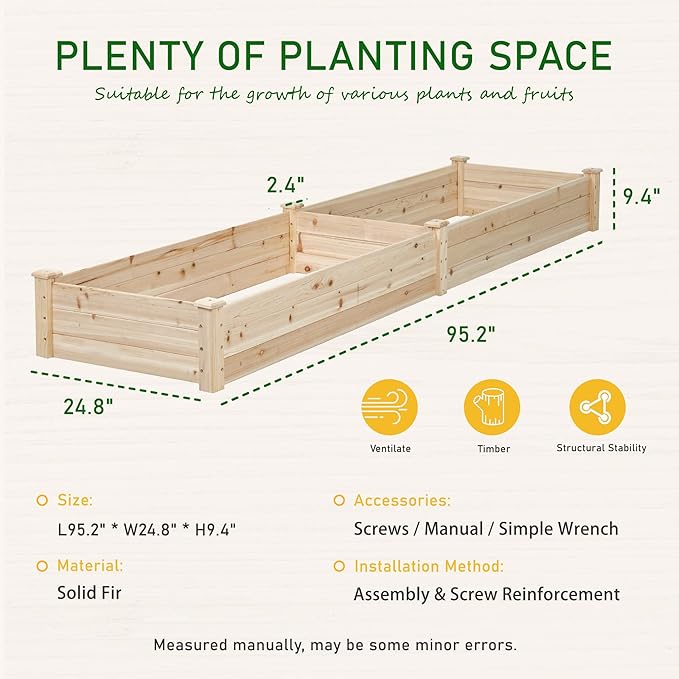 Incbruce 95x24x10 in Wooden Raised Garden Bed Planter Bolt Assembly Elevated Flower Bed Boxes Kit for Vegetable Flower Gardening Natural