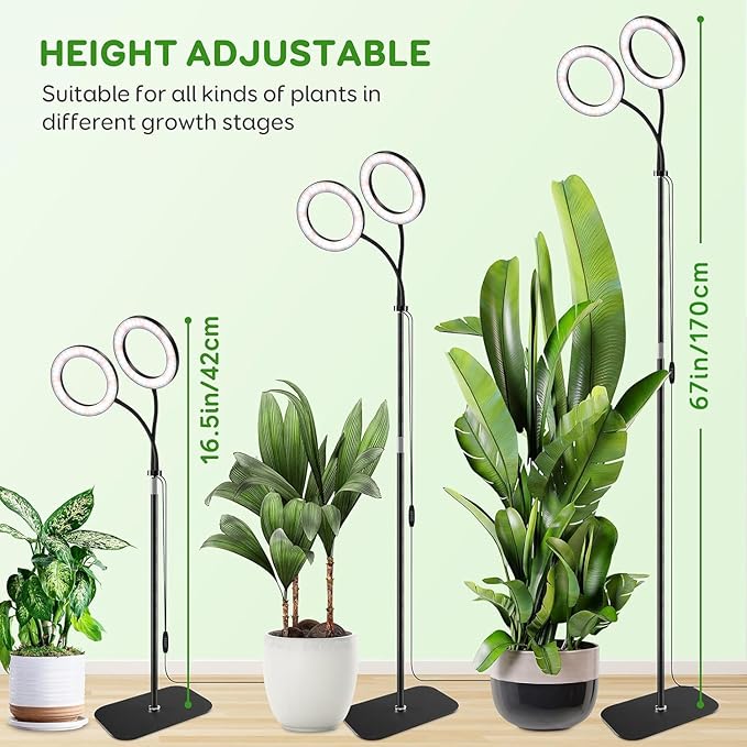Dual Head Grow Light for Indoor Plants Full Spectrum Plant Light with 16.5-68 for Growing Large Tall Plants Equipment with 3/9/12-hour Automatic Timers 3 Light Modes 10 Dimmable Levels