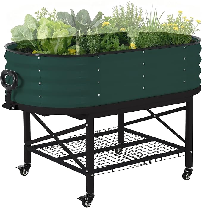 CABIHOME Galvanized Raised Garden Bed Kit with Cover Legs &amp Storage Rack Sturdy Metal Planter Box for Vegetables Flowers &amp Herbs – Corrosion-Resistant Mobile on Wheels Green