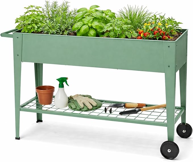 InSideOut Elevated 40 Raised Garden Bed Outdoor with Wheels &amp Shelf for Mobility Metal Planter Box for Vegetables/Herbs Patio-Balcony-Backyard (Sage Green)