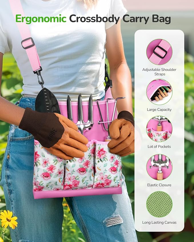 All-in-One Garden Tool Set 11-Piece Heavy Duty Gardening Tools with Ergonomic Canvas Shoulder Crossbody Bag Rust-Proof Premium Garden Tool Kit Gardening Gift for Women Men (Pink)