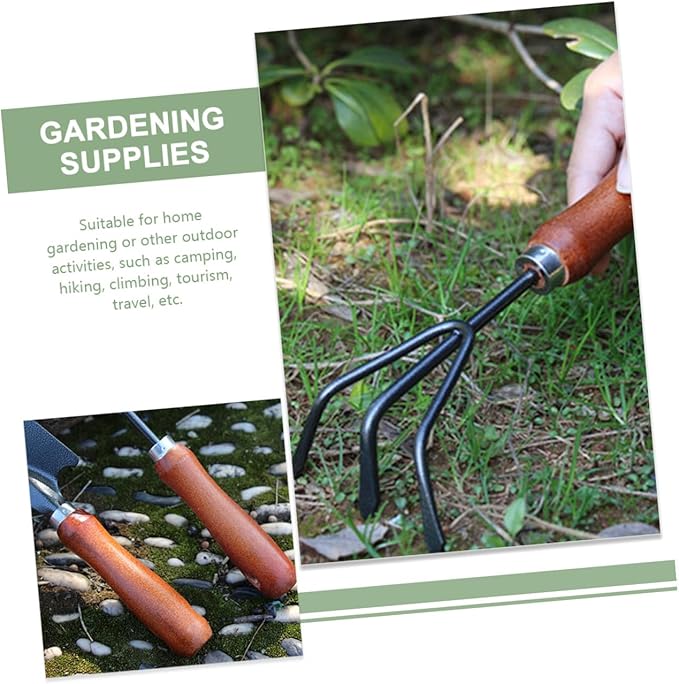 Toyvian 4pcs Gardening Tool Set with Small Spade Shovel Narrow Extended Hand Trowel Dual-use Hoe Rake and Three-Prong Cultivator for Planting Digging and Soil Scooping in Garden