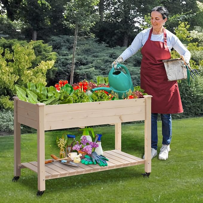 LYNSLIM Wooden Raised Garden Bed with Wheels &amp Shelf Elevated Planter Box for Flower Vegetable Grow Natural Cedar Wood Frame Gardening Planting BedEasy Assembly