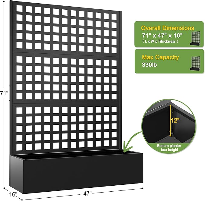 FENCY Metal Raised Garden Bed with Trellis Metal Planter Box with Trellis Garden Box for Climbing Plants Vegetable 47''Lx16''Wx71''H Garden Bed with Drainage Holes(Black)