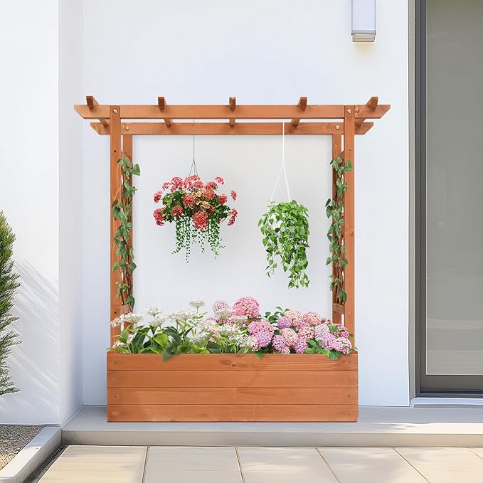Elevated Garden Bed with Arch Trellis &amp Hanging Roof 44.5 Wooden Outdoor Planter Box for Climbing Vines Flowers Above-Ground Design Privacy Screen with Side Trellis &amp 4 Drainage Holes (Tea