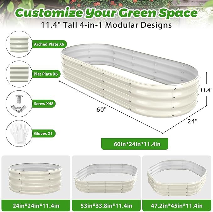 Oval Raised Garden Bed 5 x 2 x 1FT Galvanized Steel Planter Box with Wave-Shaped Metal Panels Painted for Outdoor FlowerTreeHerb &amp Vegetable Garden (White 60X24X12 inches)