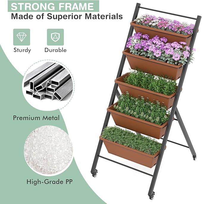 Raised Garden Bed on Wheels 5-Tier Elevated Planter Box with Removable Base Drainage Hole &amp Metal Frame Outdoor Garden Planter Container for Flower Vegetables (1 Brown)