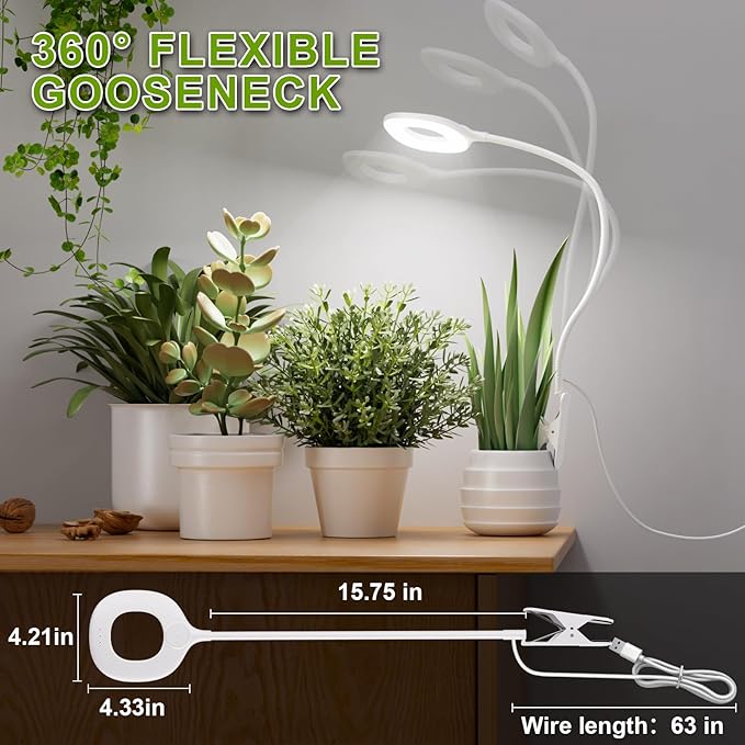 Full Spectrum Grow Lights for Indoor Plants Clip On Plant Lights for Indoor Growing with 4/8/12H Timer 3 Light Modes 10 Dimmable Levels Adjustable Gooseneck Remote Control 2-Pack