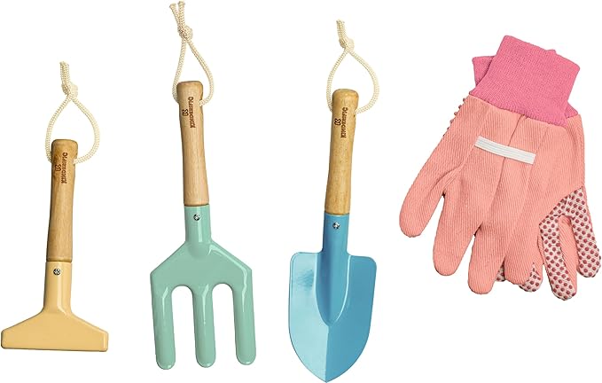 Gardening Set Tool Kit for Kids STEM Includes Tote Bag Spade Watering Can Rake Fork Trowel and Gloves (Petal)