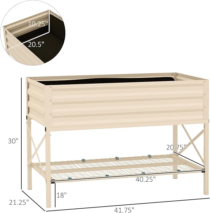 Raised Garden Bed with Galvanized Steel Frame Storage Shelf and Bed Liner Elevated Planter Box with Legs for Vegetables Flowers Herbs Cream