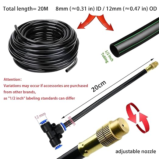 Automatic Greenhouse Drip Irrigation Kit with 20 Brass 360° Adjustable Nozzles 65FT 1/2 Tubing &amp Misting System for Outdoor Plants HydroponicsRaised Beds &amp Flower Gardens-Easy Setup &amp W