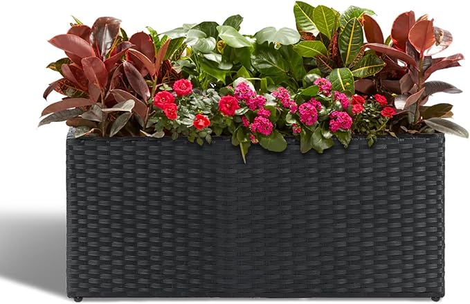 LEWIS&ampWAYNE Large Rectangular Block Planter Box Handmade Wicker Tall Planters for Outdoor Plants with Removable Liners Modern Planter for Indoor Outdoor Patio Deck - Black 30''x12''x16''