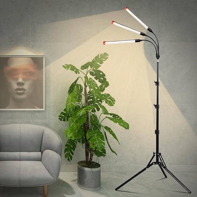 3-Head Grow Light with Stand and Timer 27 Watt Power Home Plug LED Grow Lights for Indoor Plants for Tall Houseplants Bonsai Tree Seed Starting 24-64 Adjustable Height
