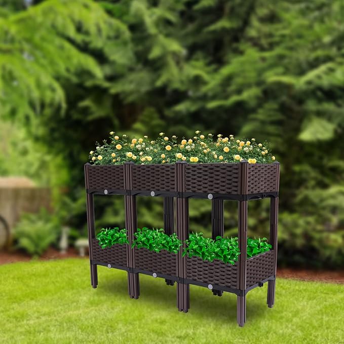 Gdrasuya10 Square Raised Garden Bed Kit Self-Watering Plastic Planter Vegetables Planting Bed Box Raised Beds for Fruits Potato FlowersHome Indoor Outdoor All Weather(3+3 Grids)