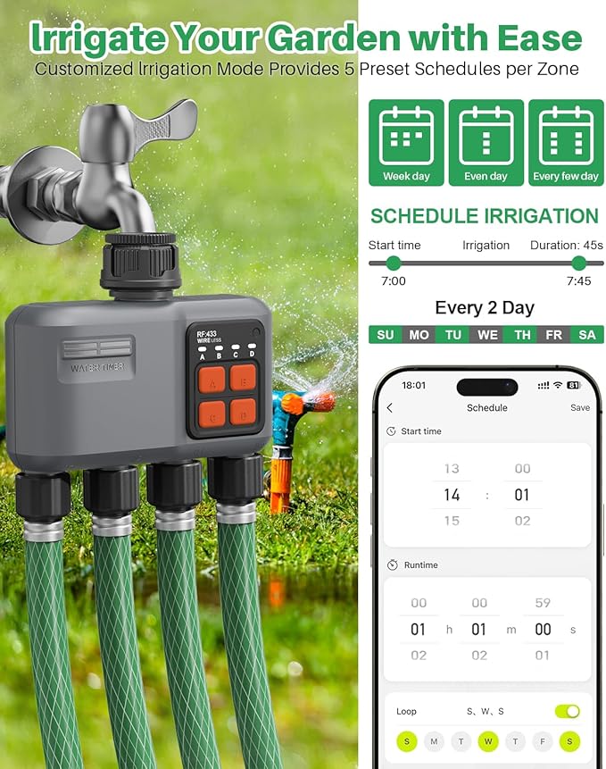WiFi Sprinkler Timer 4 Zone with 984 Feet RF Gateway 4 Outlet Smart Water Timer for Garden Hose with Rain Delay/Manual/AutomaticWiFi Water Hose Timers for Garden &amp Lawns