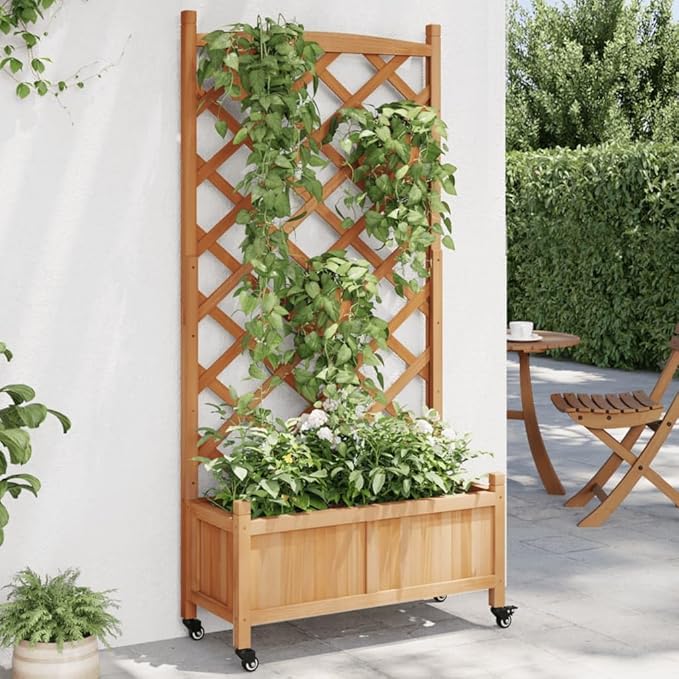 Raised Garden Bed Planter with Trellis and Wheels Brown Solid Fir Wood Outdoor Planter Box for Climbing Plants and Vegetables with Drainage and Ventilation