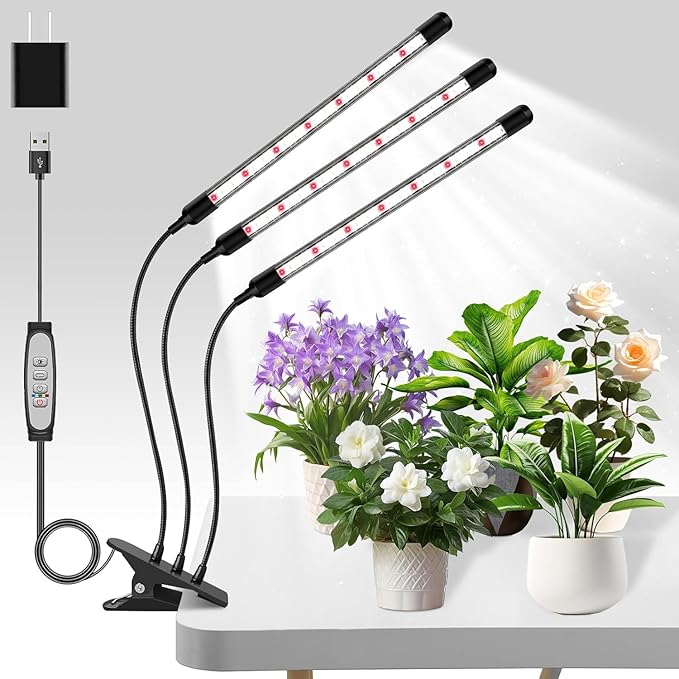 AUXTINGS LED Plant Grow Light6000K Full Spectrum Clip 3 Heads Plant Growing Lamp with White Red LEDs for Indoor Plants10 Level Dimmable &amp 3 Light Model SettingsAuto On/Off 3/9/14 Hrs Timing