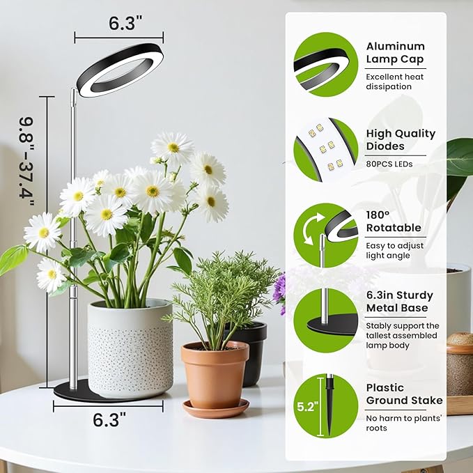 Grow Lights for Indoor Plants 80 LEDs Full Spectrum Plant Grow Light with 2 Mounting Options 6/12/16H Timer 3 Spectrum Modes 37 in Height Adjustable Desk Growing Lamp (Black/2-Pack)