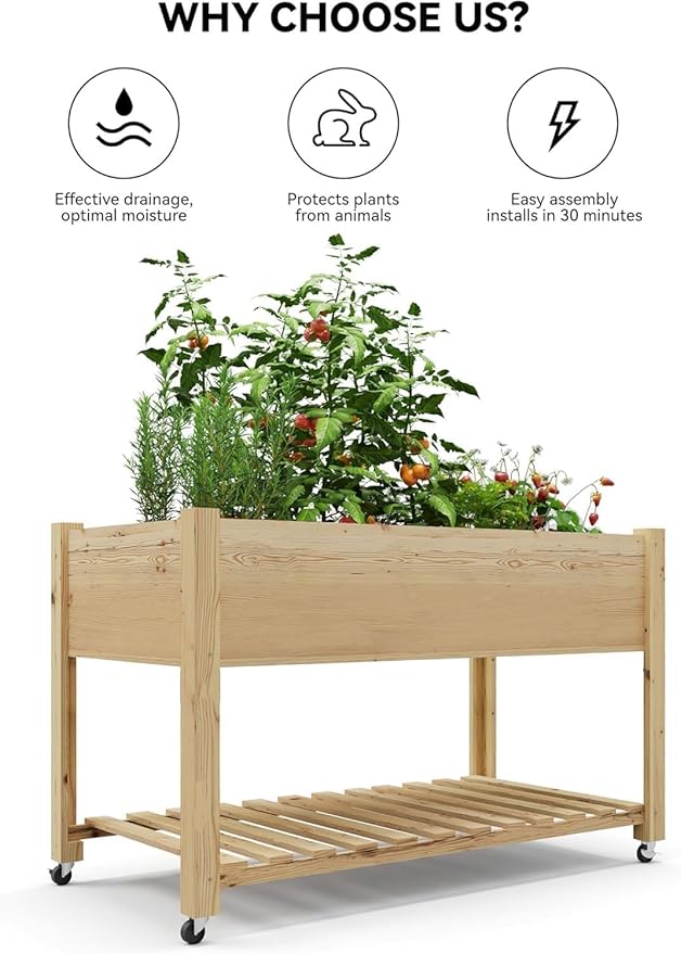 Elevated Raised Garden Bed 48x24x32 in - Mobile Wood Planter Box with Locking Wheels Bottom Storage Shelf &amp Waterproof Liner - Tall Outdoor Gardening for Herbs Veggies - Natural Wood
