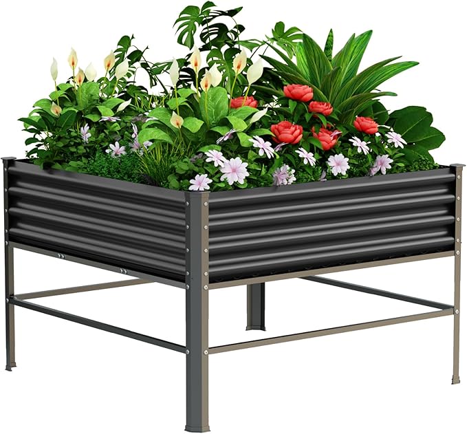 Raised Garden Bed with Legs 48×48×32in Large Metal Elevated Raised Planter Box1000lb Capacity with Drainage Holes for Vegetables Lawn Green Flowers Fruits Terrace