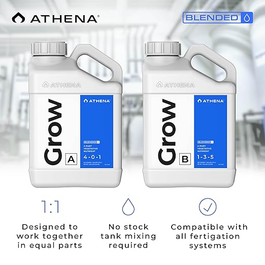 Athena Blended Grow A&ampB | 2-Part Vegetative Liquid Fertilizer for Hydroponics &amp Soil | Plant Food for Veg Stage Growth | NPK A 4-0-1 | B 1-3-5 | 1 Gallon