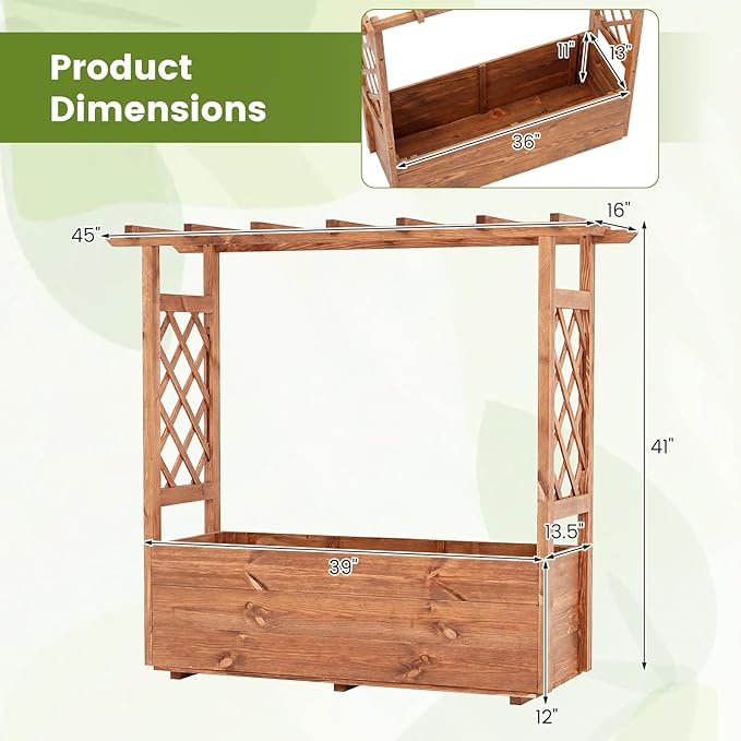 Giantex Raised Garden Bed with Sided Trellis &amp Roof Set 2 31”x16”x41” Wood Elevated Planter Box Freestanding Garden Planter Raised Bed for Flowers Herbs Climbing VinesBrown