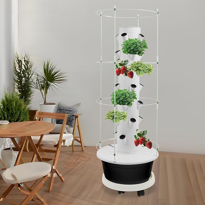 Hydroponics Growing System 28 Pods Large Vertical Hydroponic Growing Tower with with Climbing Trellis 9-Tier Indoor Gardening System for Herb Vegetable Fruit(Black)