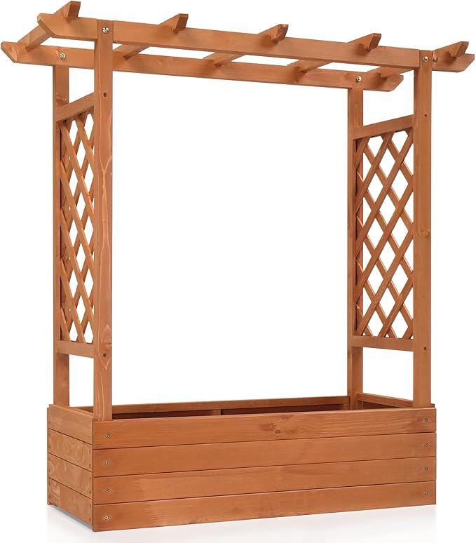 44.5 Inch Outdoor Garden Flower Standing Planter BoxTall Wooden Raised Garden BedVegetables Growing BedsWood Planter Boxeswith Drainage Holes &amp Trellisfor Patio Yard Porch Balcony (Natural)
