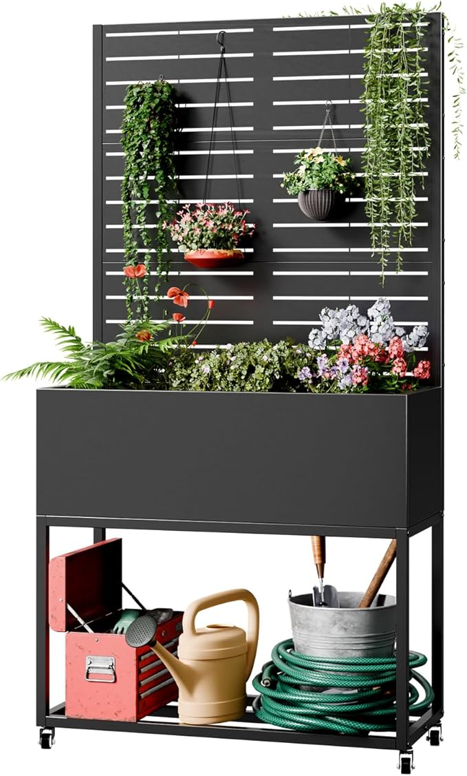Metal Planter Box with Trellis67 H x35 W Raised Garden Beds with Privacy Screen for Climbing Plants Flower Elevated Standing Planter Garden Bed with Drainage Holes for Outdoor PatioBlack