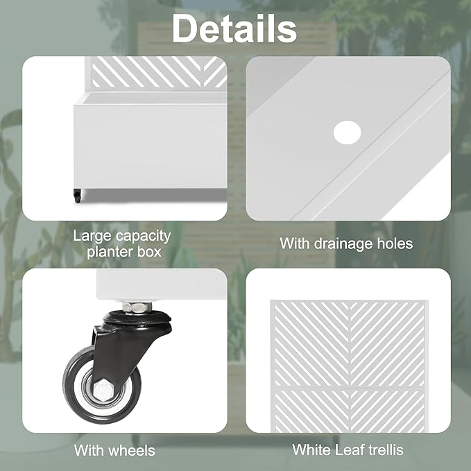 Metal Raised Garden Beds Outdoor with Trellis &amp Wheels Planter Box with Privacy Screen Drainage Holes for Vegetables Flowers Vines (35 L×16 W×71 H White Parallel)