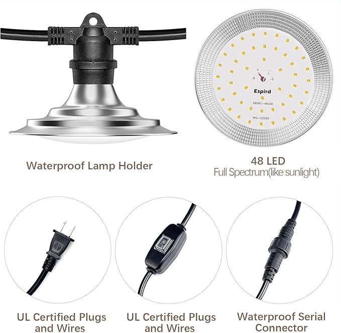 Espird Outdoor LED Grow Lights for Greenhouse 6-Light Waterproof String Grow Light Full Spectrum LED Plant Grow Light Lamp Waterproof Greenhouse Grow Lights for Seedling Veg Flower