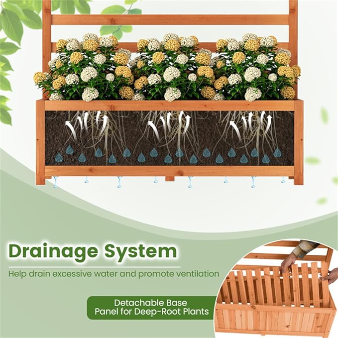 Fir Wood Raised Garden Bed with Trellis 91.44×35.56×149.86 cm Orange Planter Box with Drainage Liner 88 lbs Capacity for Climbing Plants