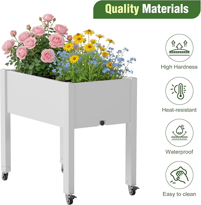 Elevated Raised Garden Bed with Wheels - Outdoor Mobile Resin Planter Box with Drainage Holes for Vegetables Flower Herbs Weather Resistant White (26.3 h)