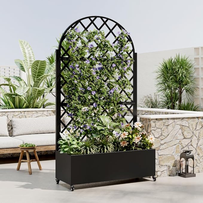 Heavy-Duty Metal Planter Box with Built-in Trellis for Climbing Plants Vegetables and Vines – Rust-Resistant Raised Garden Bed with Drainage and Mobility Features (Round)