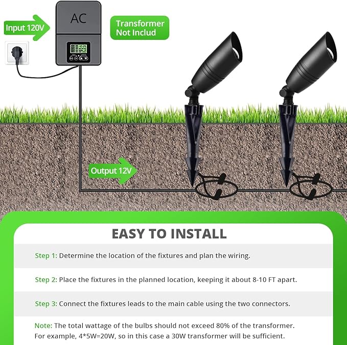 wowlite Low Voltage Spot Lights Outdoor LED 4 Pack Die-cast Aluminum Landscape Spotlights Waterproof Black Uplights with MR16 Bulbs Ground Stake for Garden Courtyard Pathway
