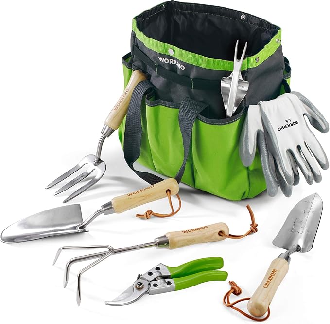 WORKPRO Garden Tools Set 8 Piece Stainless Steel Heavy Duty Gardening Tools with Wooden Handle Including Garden Tote Gloves Trowel Hand Weeder Cultivator and More-Gardening Gifts For Women Men