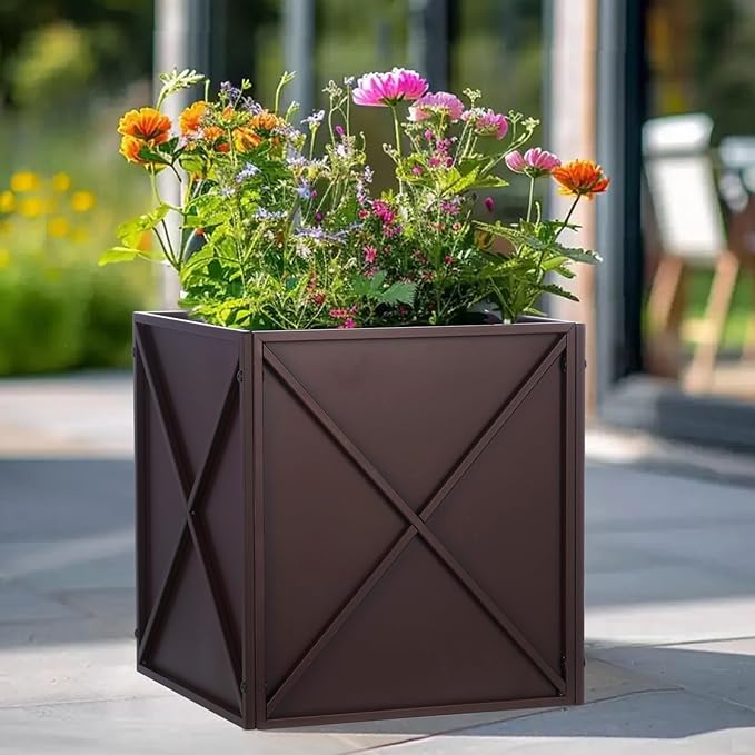 SUNNYPARK Large Metal Planter Box 17”x 17”x 18” Square Modern Brown Metal Planter Box Heavy Duty with Drainage Holes for Outdoor Garden Patio