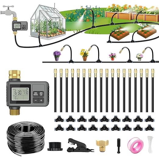 60Ft Drip Irrigation System with Smart Water Timer – Automatic Garden Watering Kit with Solid Brass Metal Connectors 360° Adjustable Nozzles &amp Bendable Tubing for Garden Greenhouse &amp Lawn